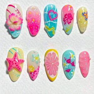Colorful Nail Art Set with Floral and Heart Designs